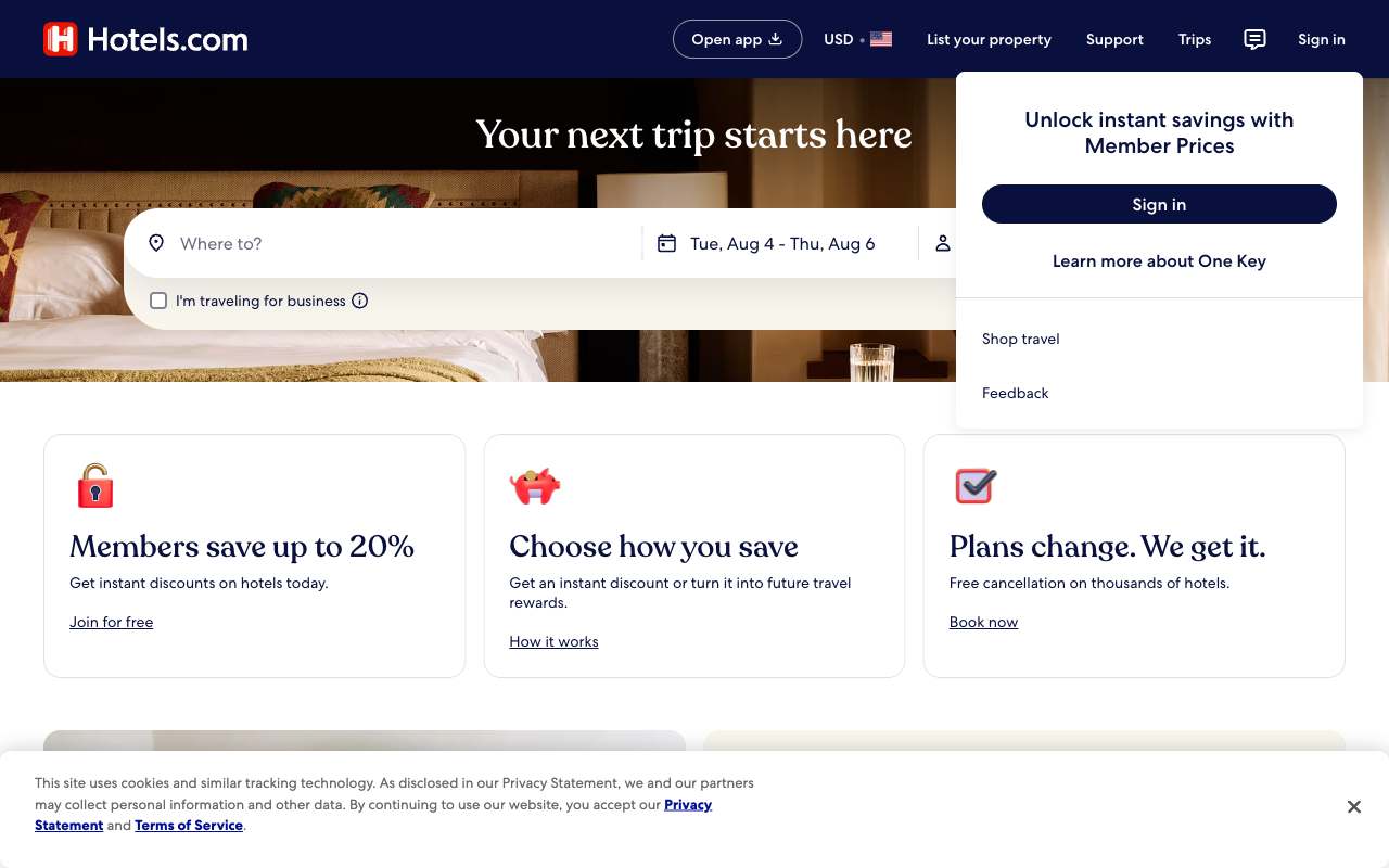 Hotels.com website preview